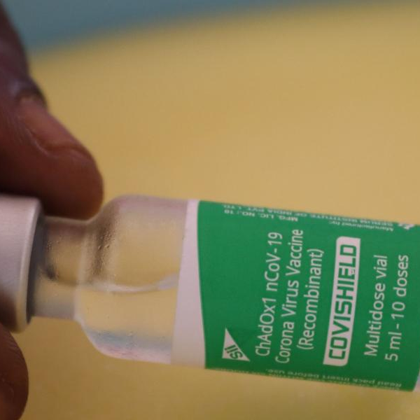 A vial containing AstraZeneca vaccine