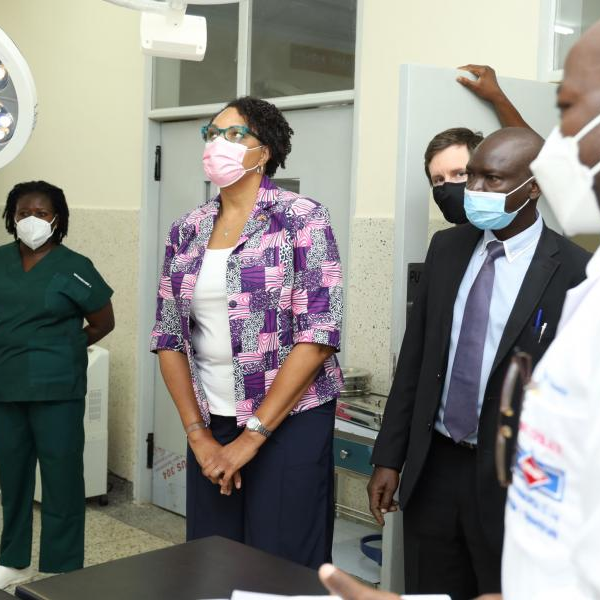 US Ambassador to Uganda, Natalie E Brown inspects the refurbished theater at Pajule Health Center IV.