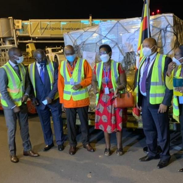 Dr. Diana Atwine, the Permanent Secretary for Ministry of Health interacts with with officials from the ministry, NMS and AVAT at Entebbe Airport