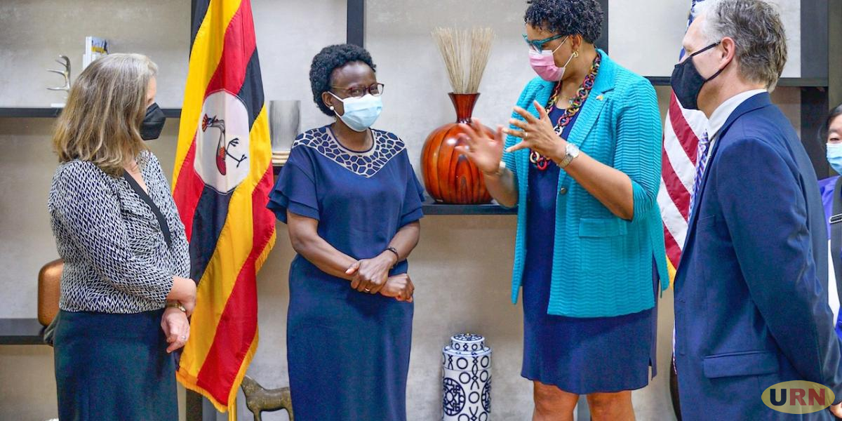 Ambassador Natalie E Brown and Uganadan Health Minister Jane Ruth Aceng speaking after the delivery of another consignment of COVID-19 vaccines